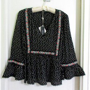NWT Love Sam Peasant Blouse Top S Wildflower Ditsy Print Black White $248